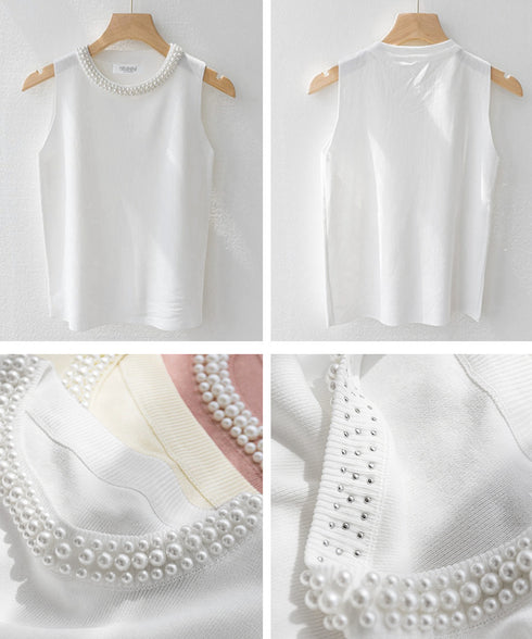 パール付きトップスノースリーブニット夏服 袖なしサマーニットレディース インナートップスきれいめ プルオーバーニットシンプルおしゃれ オフィスカジュアル トップス 2XIAOLL-001